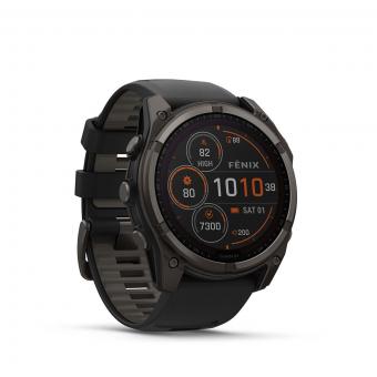 fenix® 8 - 51 mm Solar Sapphire Graphit/Carbongrau Titan DLC mit QuickFit®-Silikon-Armband 26 mm Schwarz/Kieselgrau 