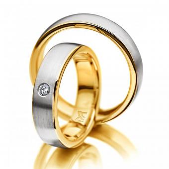 Hochzeitsringe Meister längsmattiert weiss-rot Damenring mit Stein | 750 Gelbgold