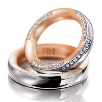 Eheringe weiss-rot Brillantenstreifen Damenring mit Stein | 750 Weiss-Rotgold