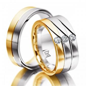 Trauringe Meister mit drei Ringschienen weiss-rot Damenring mit Stein | 585 Gelb-Weißgold