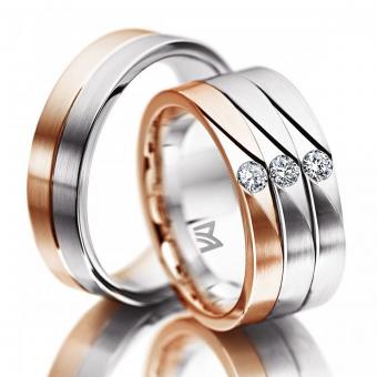 Eheringe Meister mit drei Ringschienen Damenring mit Stein | 585 Weiss-Rotgold
