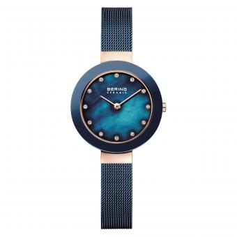 BERING Keramik 29mm Damenuhr 11429-367 Rosé Blau Mesh 