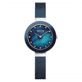 BERING Keramik 29mm Damenuhr 11429-387 Silber Blau Mesh 